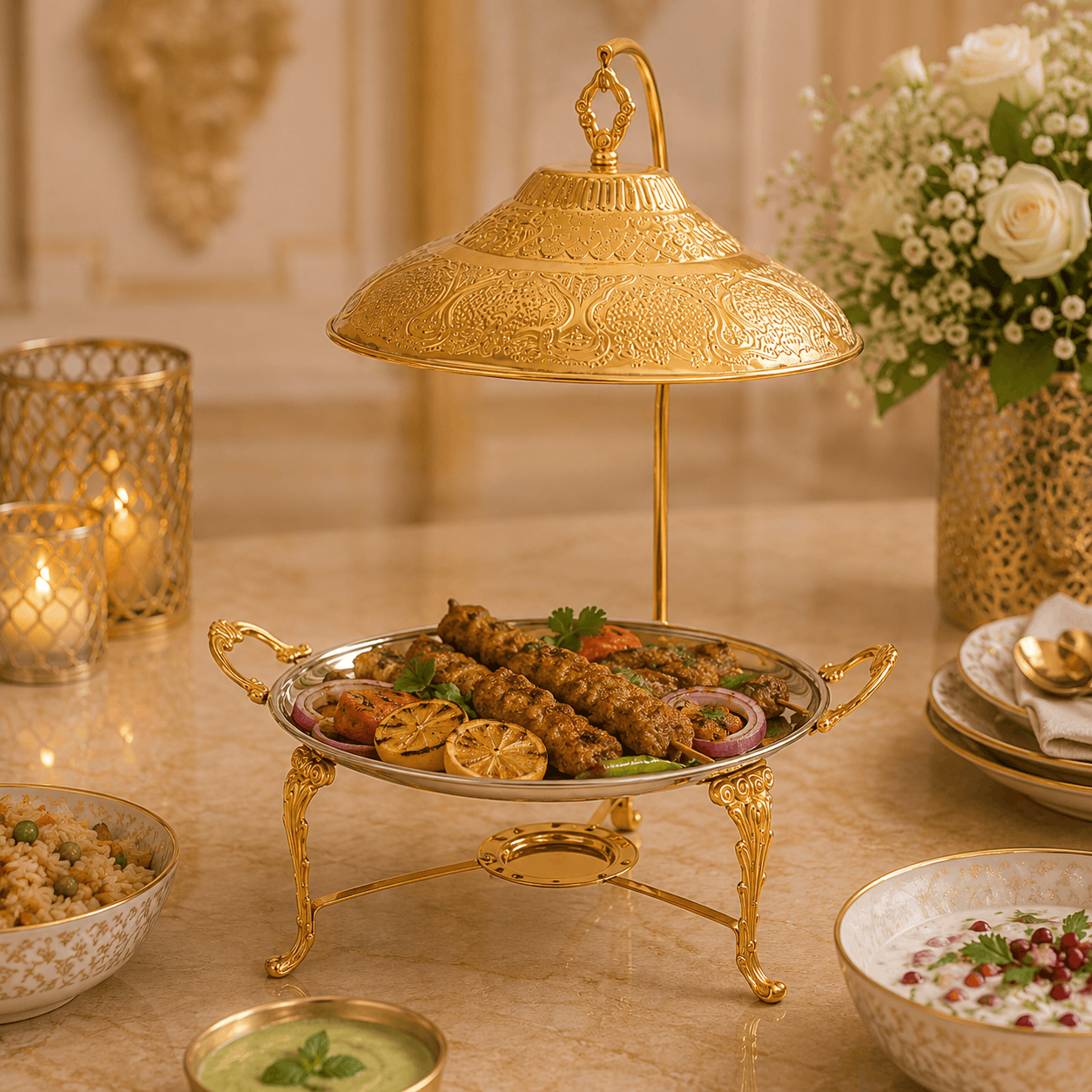 G.N 14-Inches, 3-Person Round Brass Top-Lid Barbeque Platter With Golden Stand Kaka Bawa Sons