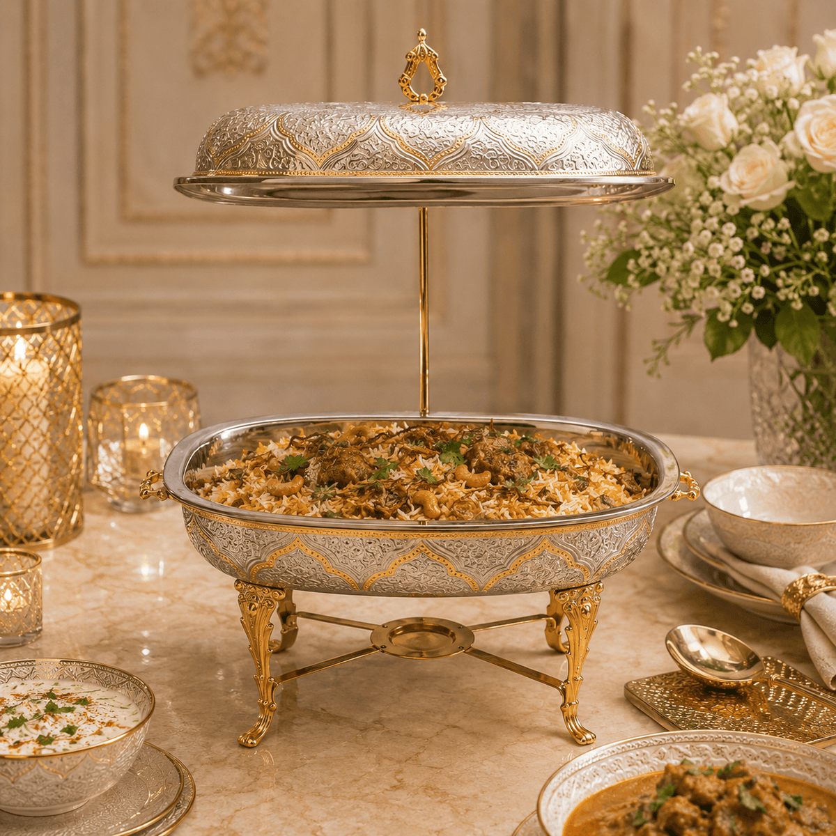 G.N 5-liter, 5-person Rectangular Silver Brass Chafing Dish With Golden Design AND Golden Stand Kaka Bawa Sons