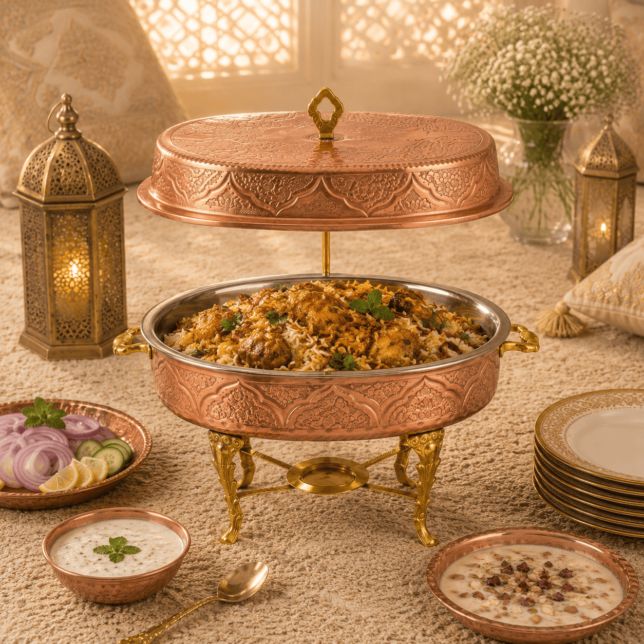 G.N 5-Liter, 5-Person Oval Brass Lift-Top Chafing Dishes With Golden Stand Kaka Bawa Sons