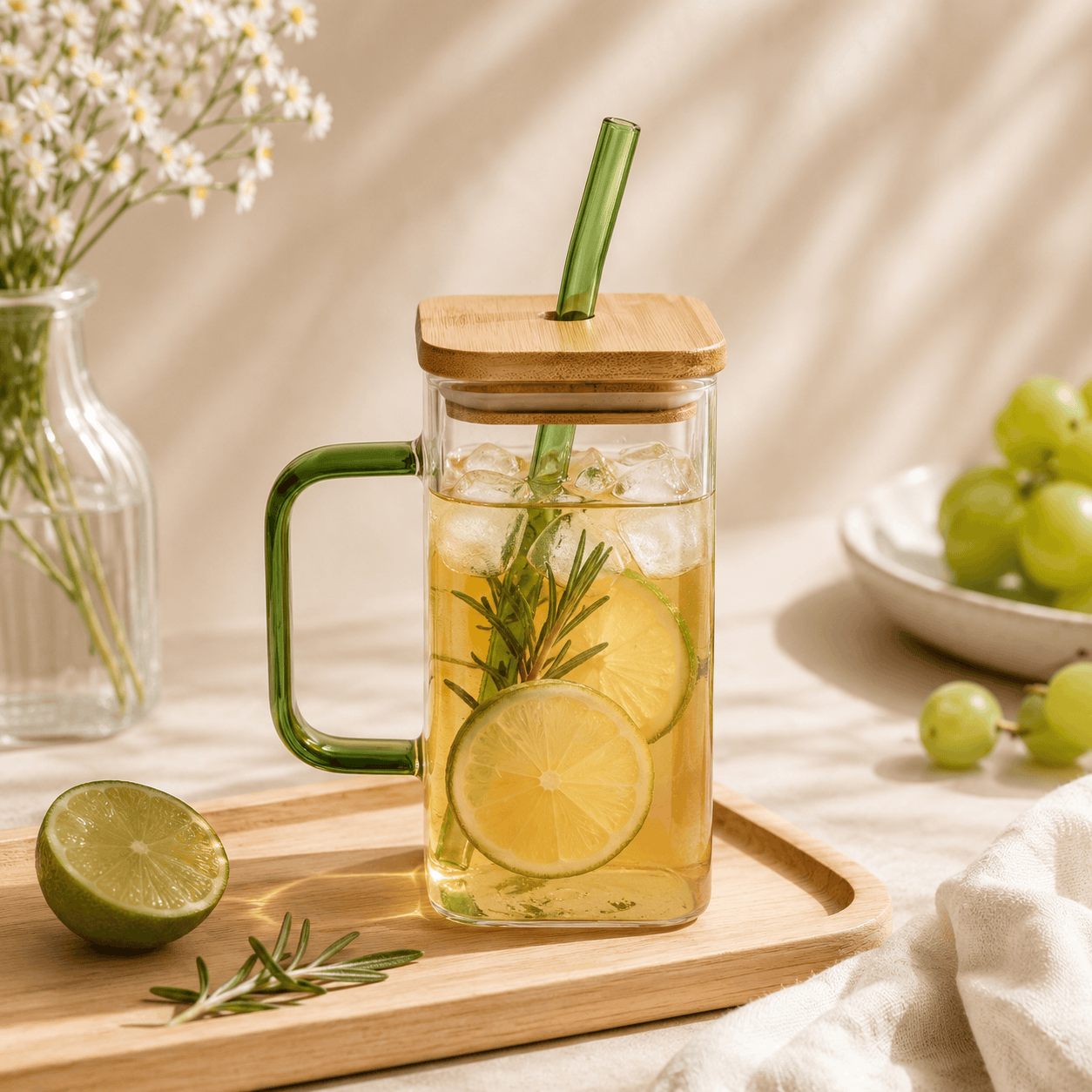 Dalahas 350 ML Square Wood-Lid Borosilicate Glass Mug With Green Straw Kaka Bawa Sons