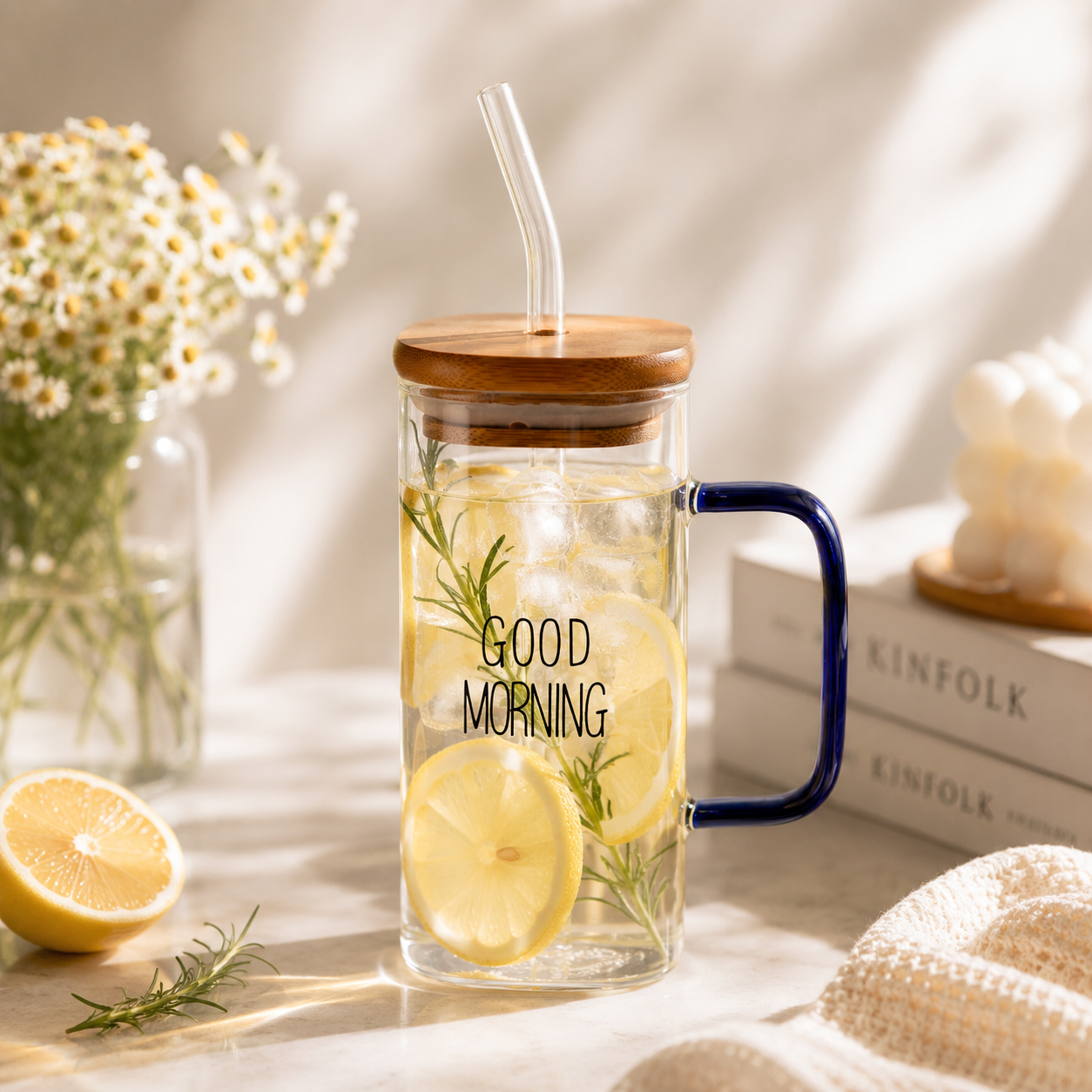 D.W.M 350 ML Square Glass Mug With Straw