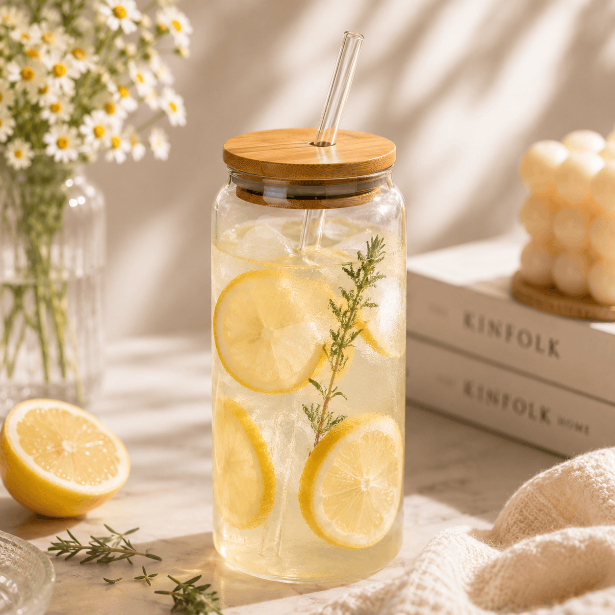 D.W.M 350 ML Round Glass Mason Jar Tumbler With Wooden Lid AND Straw Kaka Bawa Sons