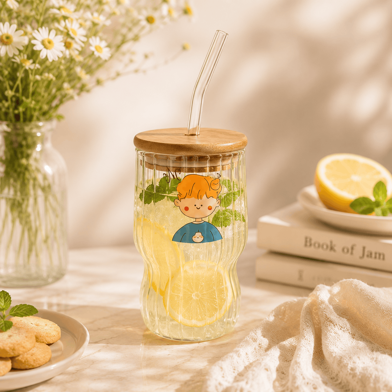 D.W.M 450 ML Cute Boy Ribbed Glass Mason Jar With Bamboo Lid AND Straw Kaka Bawa Sons