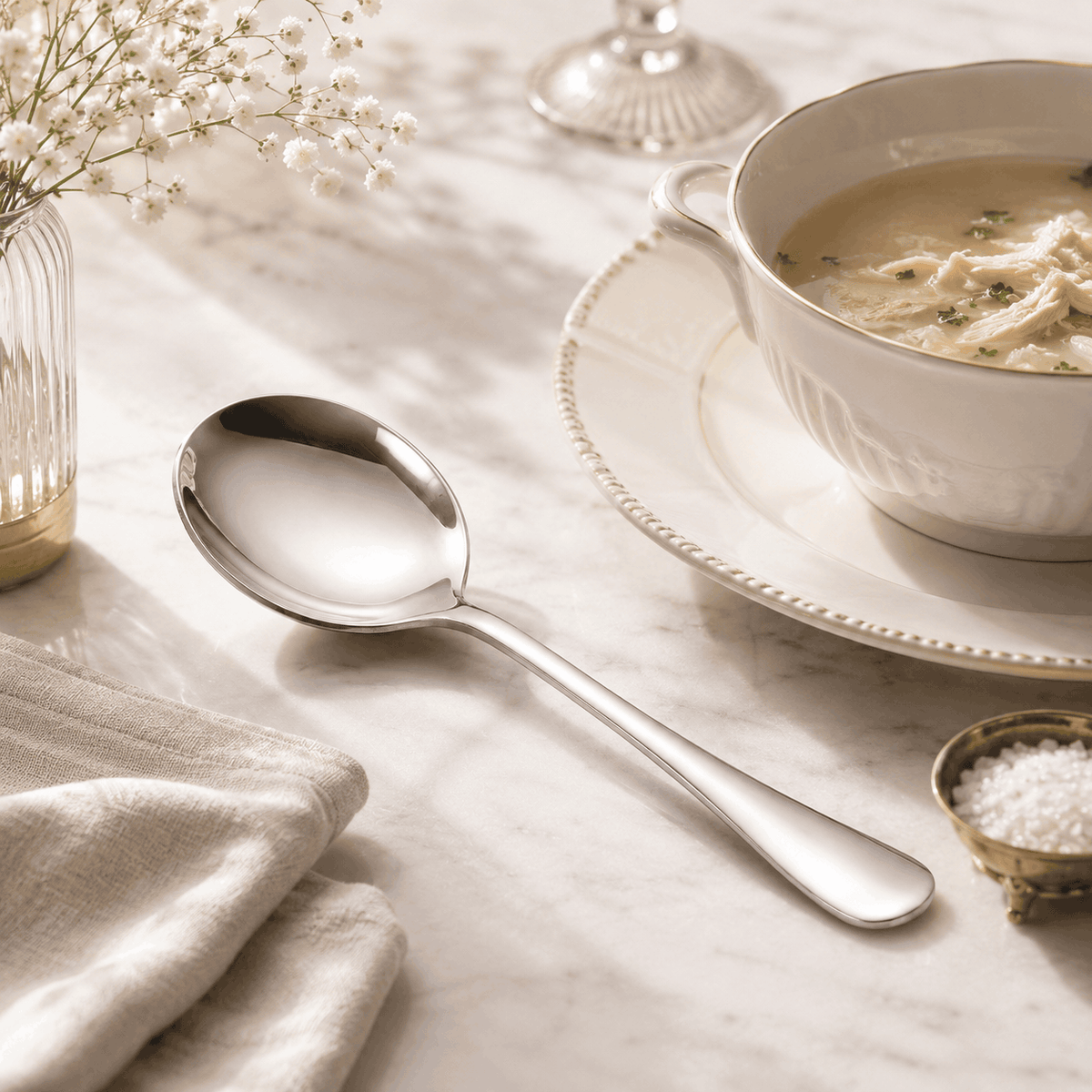 Omega Stainless Steel Silver Serving Soup Spoon Kaka Bawa Sons