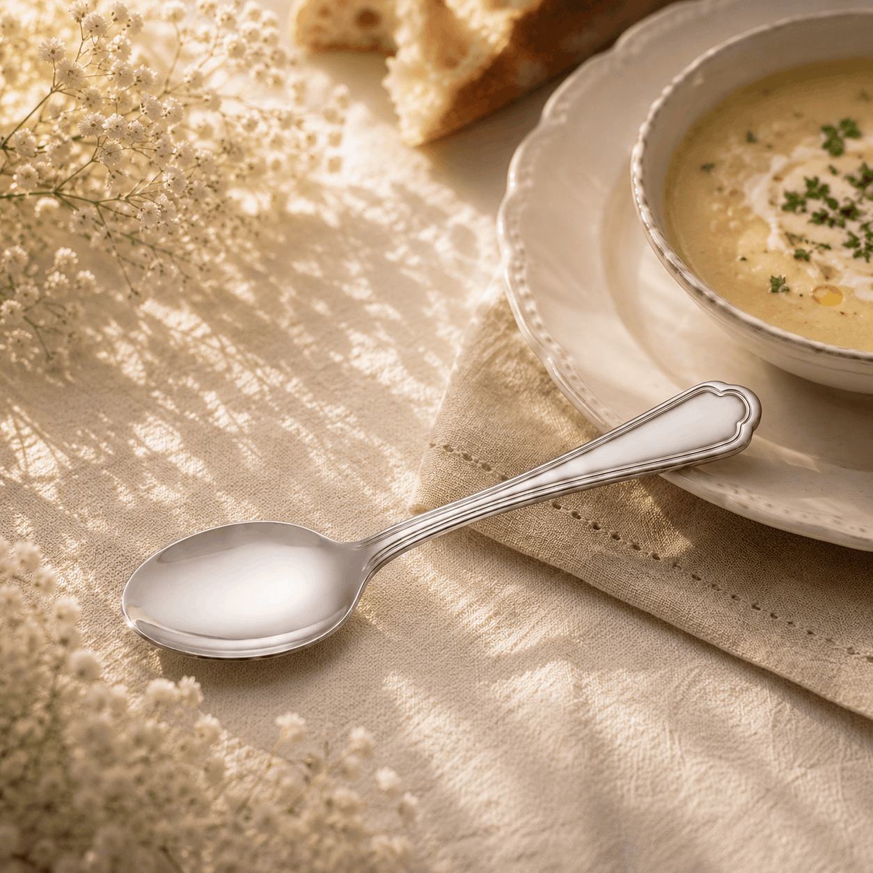 N.F Moon 6-Piece Stainless Steel Silver Table Soup Spoon Set Kaka Bawa Sons