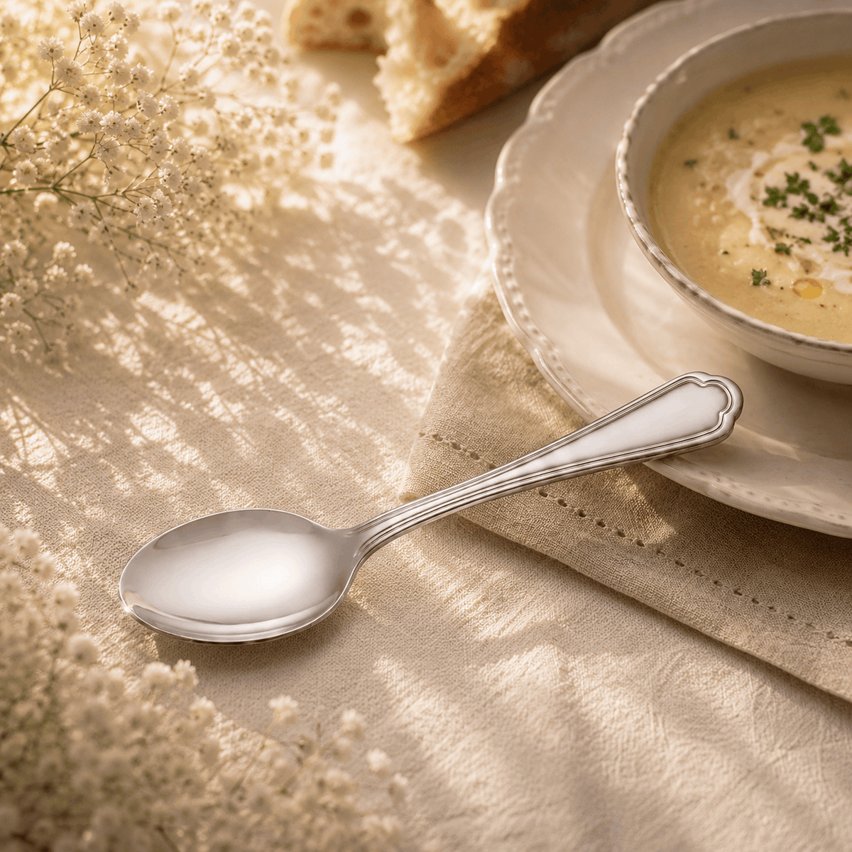 N.F Moon 6-Piece Stainless Steel Silver Table Soup Spoon Set Kaka Bawa Sons