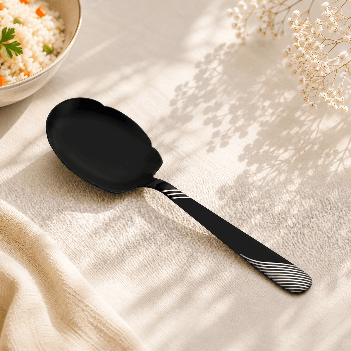 Blaze TPO 2-Piece Stainless Steel Black Serving Panja Rice Spoon Set Kaka Bawa Sons