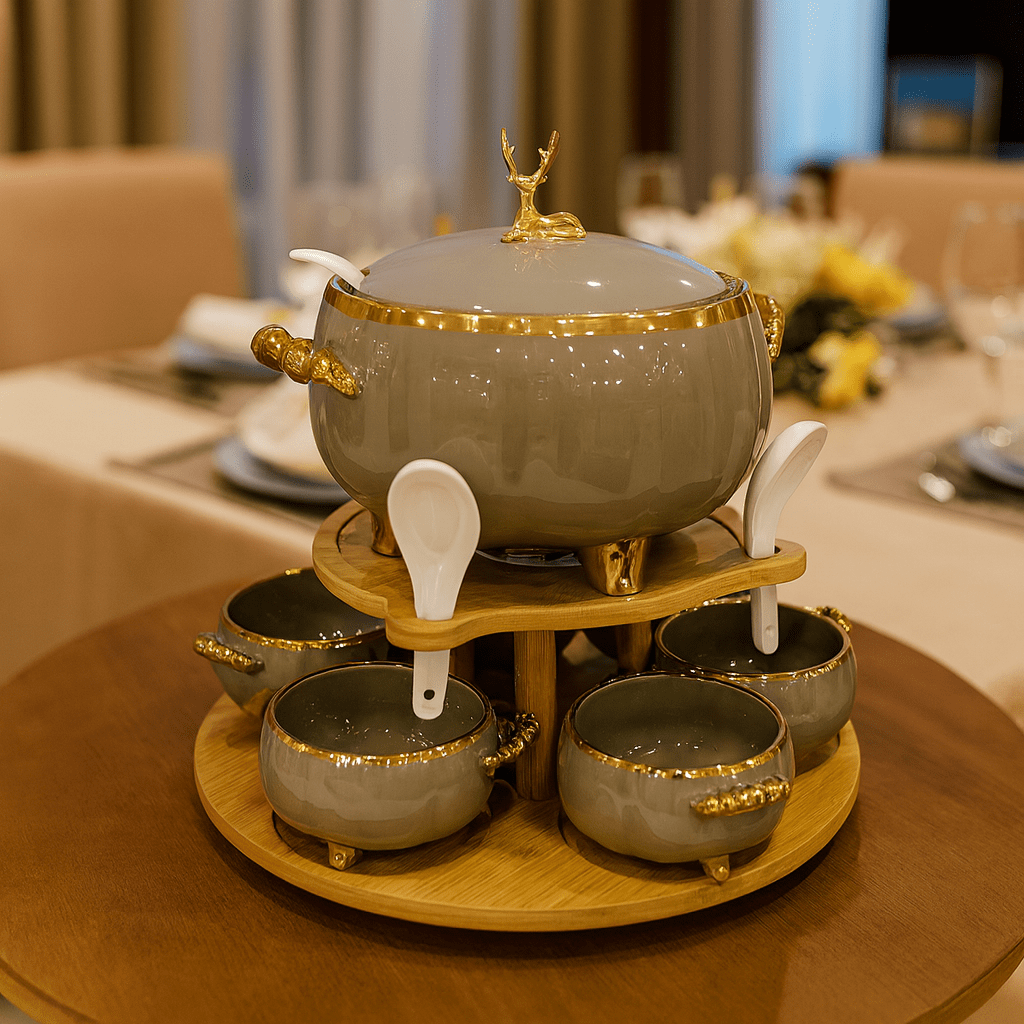 16-Piece Royale Soup Set With Wooden Stand Brown and Golden Kaka Bawa Sons