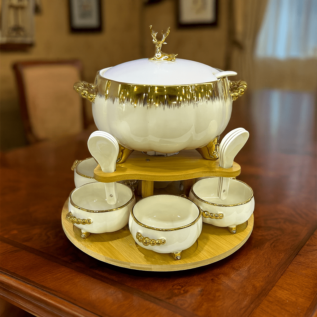 16-Piece Royale Soup Set With Wooden Stand White and Golden Kaka Bawa Sons