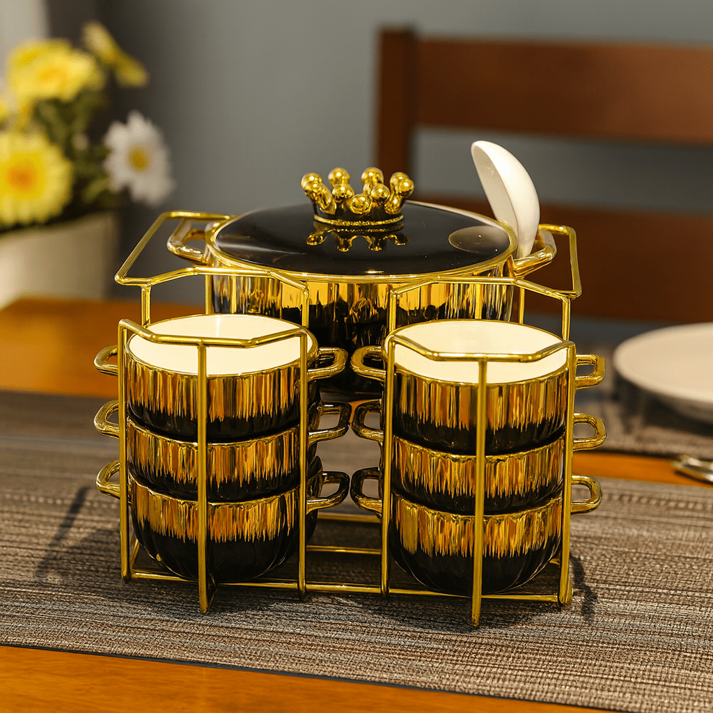 16-Piece Royale Soup Set With Stand Black With Golden