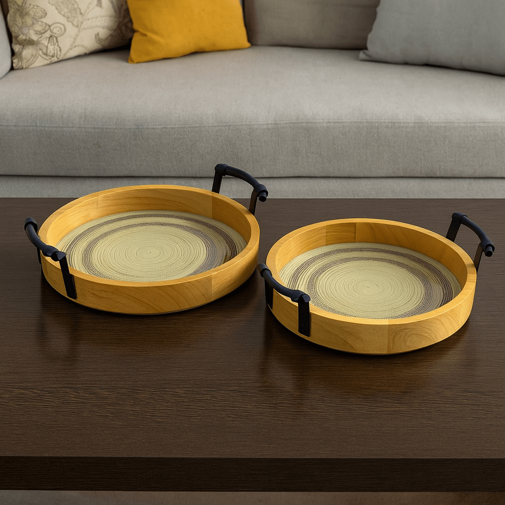 2-Piece Round Wooden Tray Set