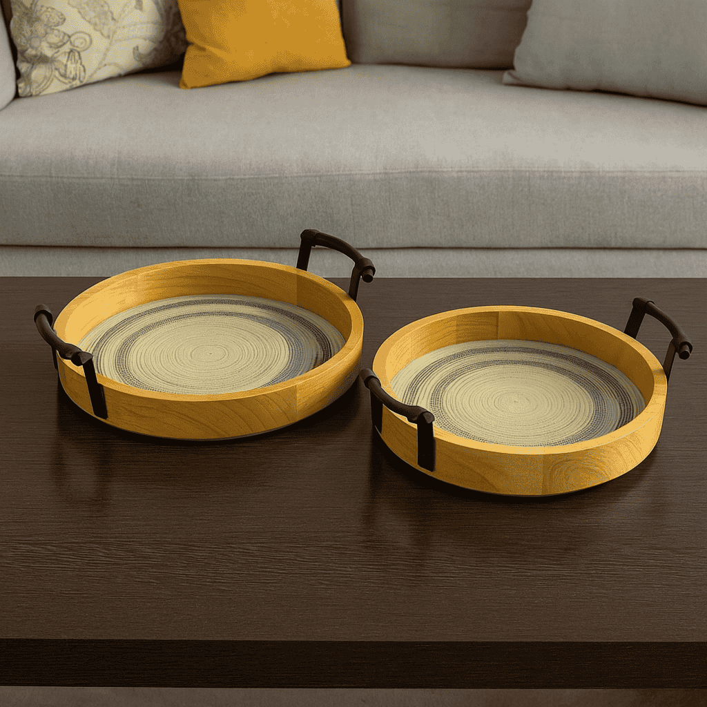 2-Piece Round Wooden Tray Set Kaka Bawa Sons