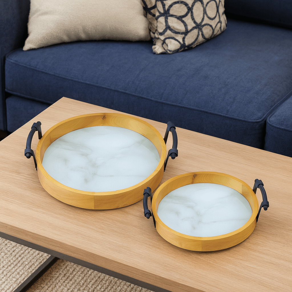 2-Piece Round Wooden Tray Set