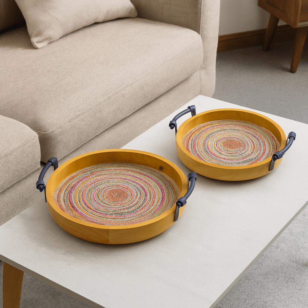 2-Piece Round Wooden Tray Set
