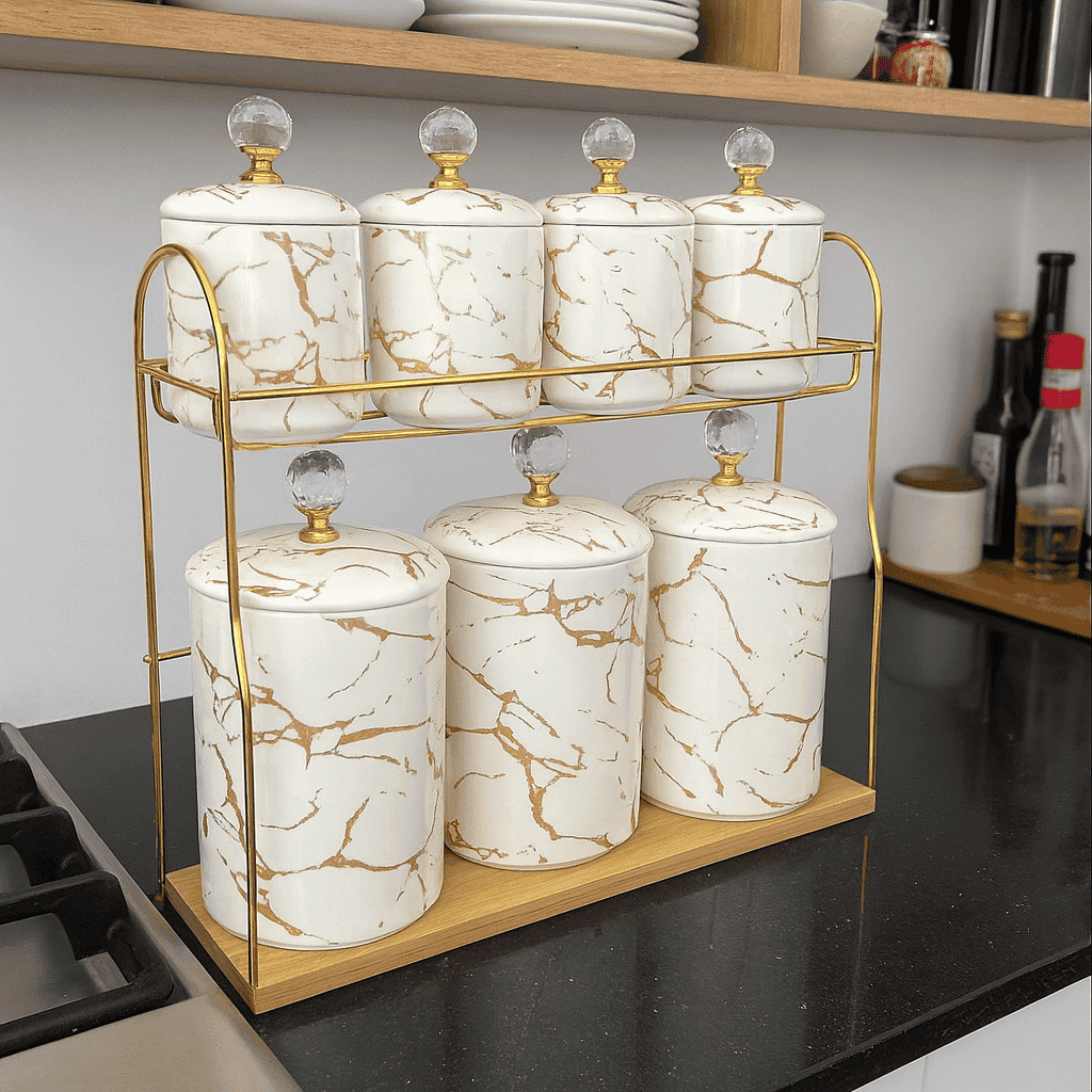 7-Piece Ceramic White Marble Spice Jar Set Kaka Bawa Sons