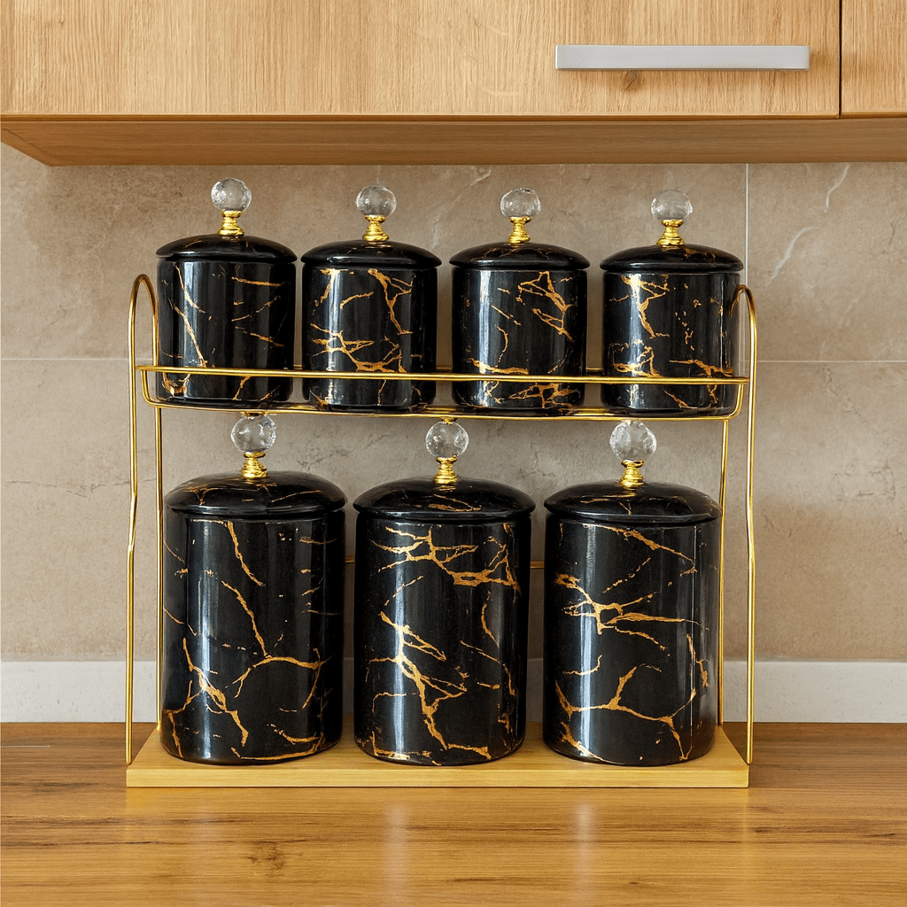 7-Piece Ceramic Black Marble Spice Jar Set Kaka Bawa Sons