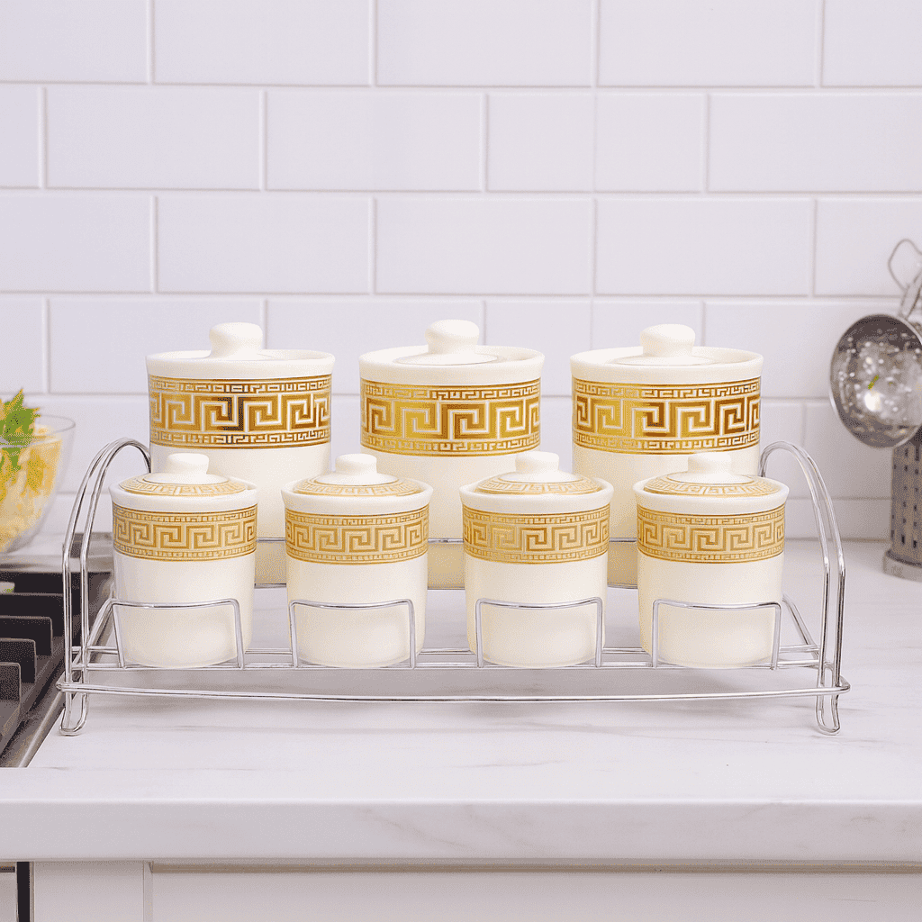 7-Piece Versace-Pattern Ceramic Spice Jar Set Golden Kaka Bawa Sons