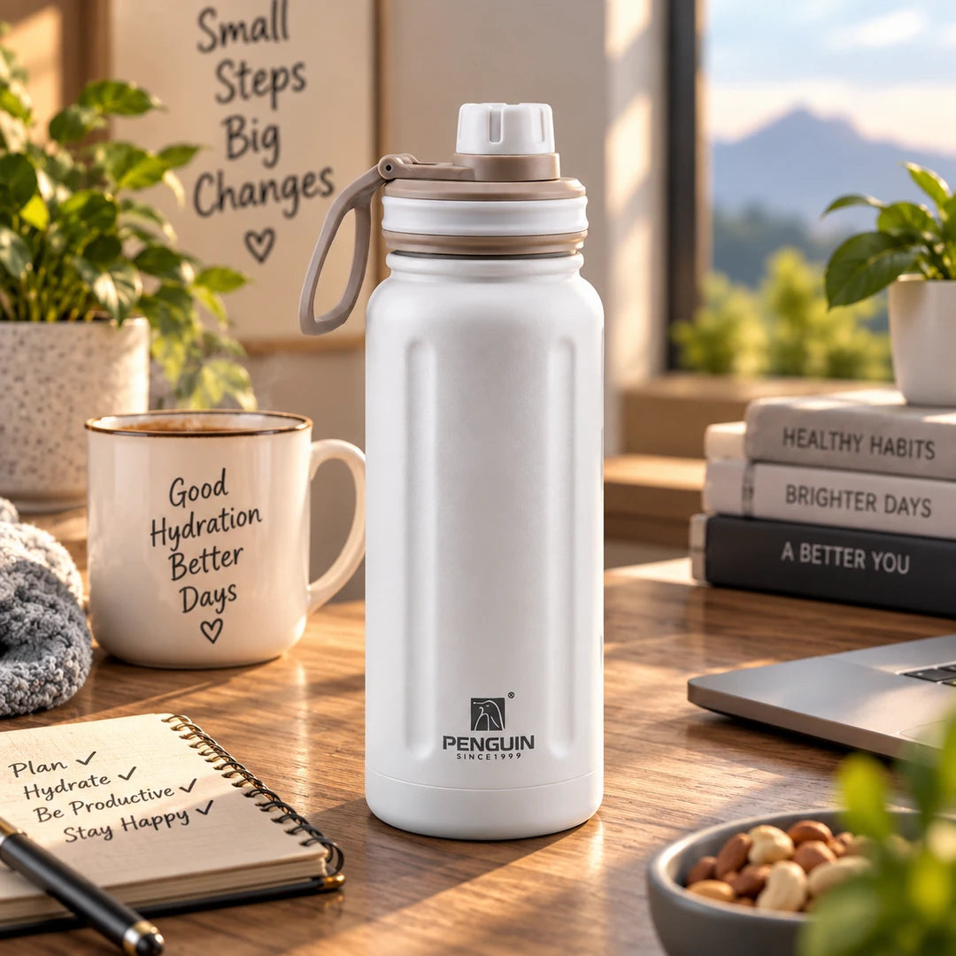 Penguin Steel Vacuum Flask - 700ml | Hot & Cold Insulation | White Color