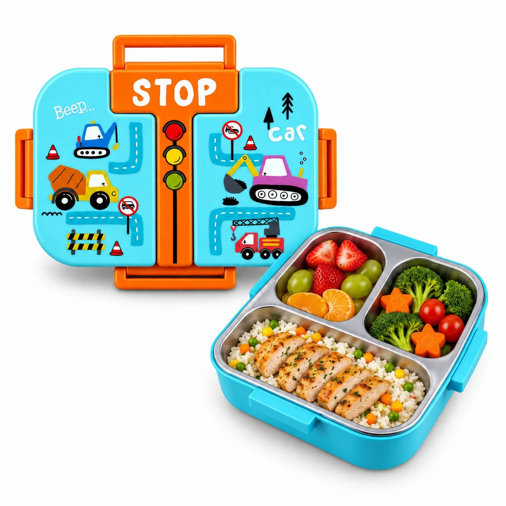 Laxson 3-Compartment 600 ML Stainless Steel Lunch Box | Construction Vehicles Design