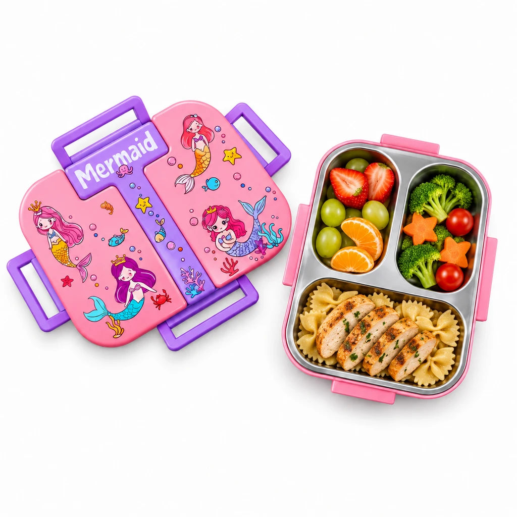 Laxson 3-Compartment 600 ML Stainless Steel Lunch Box | Pink Mermaid Design