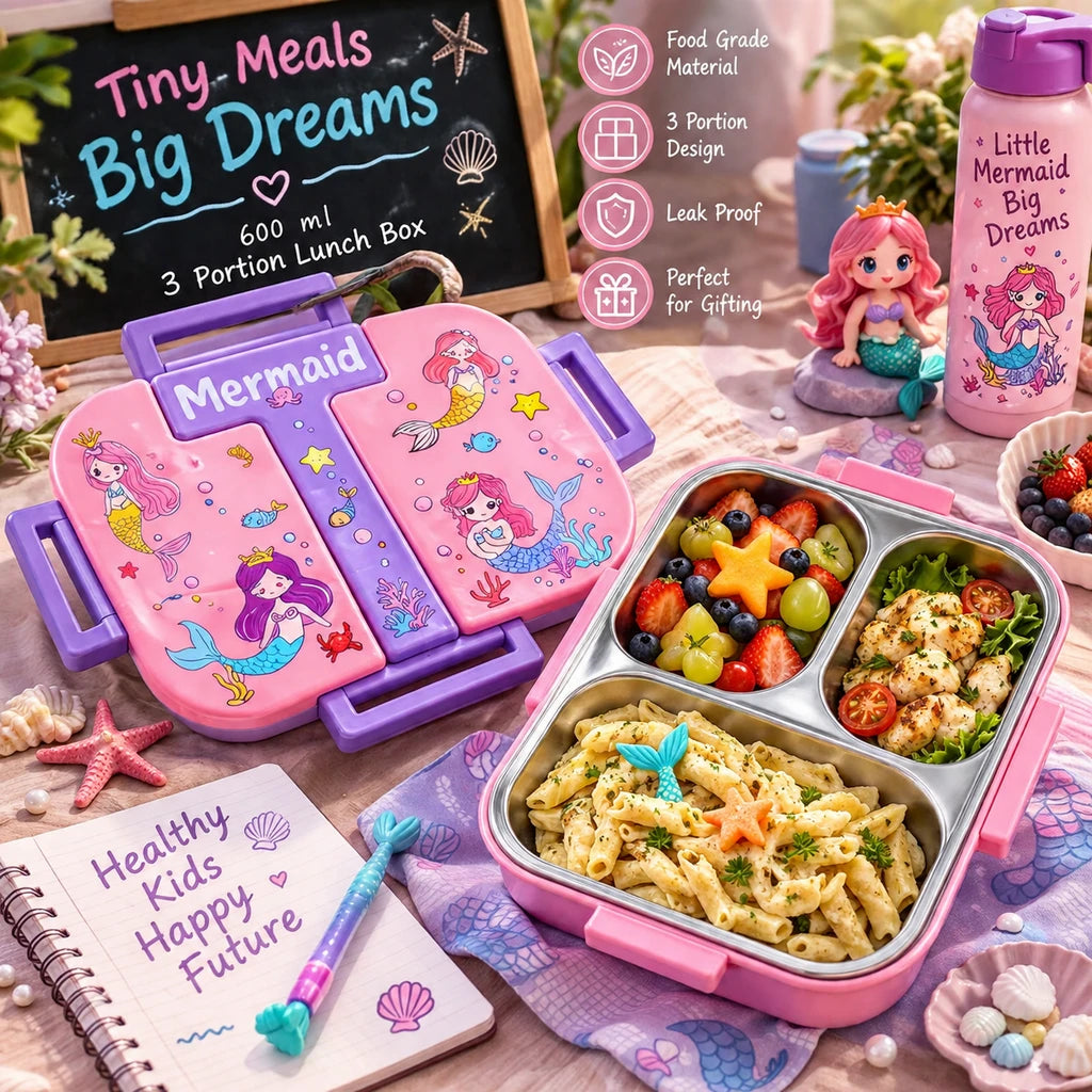 Laxson 3-Compartment 600 ML Stainless Steel Lunch Box | Pink Mermaid Design