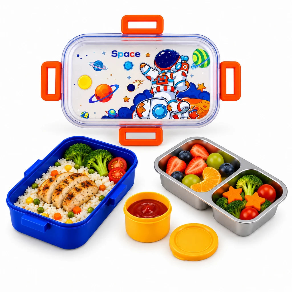 IQIX 700 ML 2-Compartment Stainless Steel Lunch Box with Sauce Pot | Space Astronaut Design