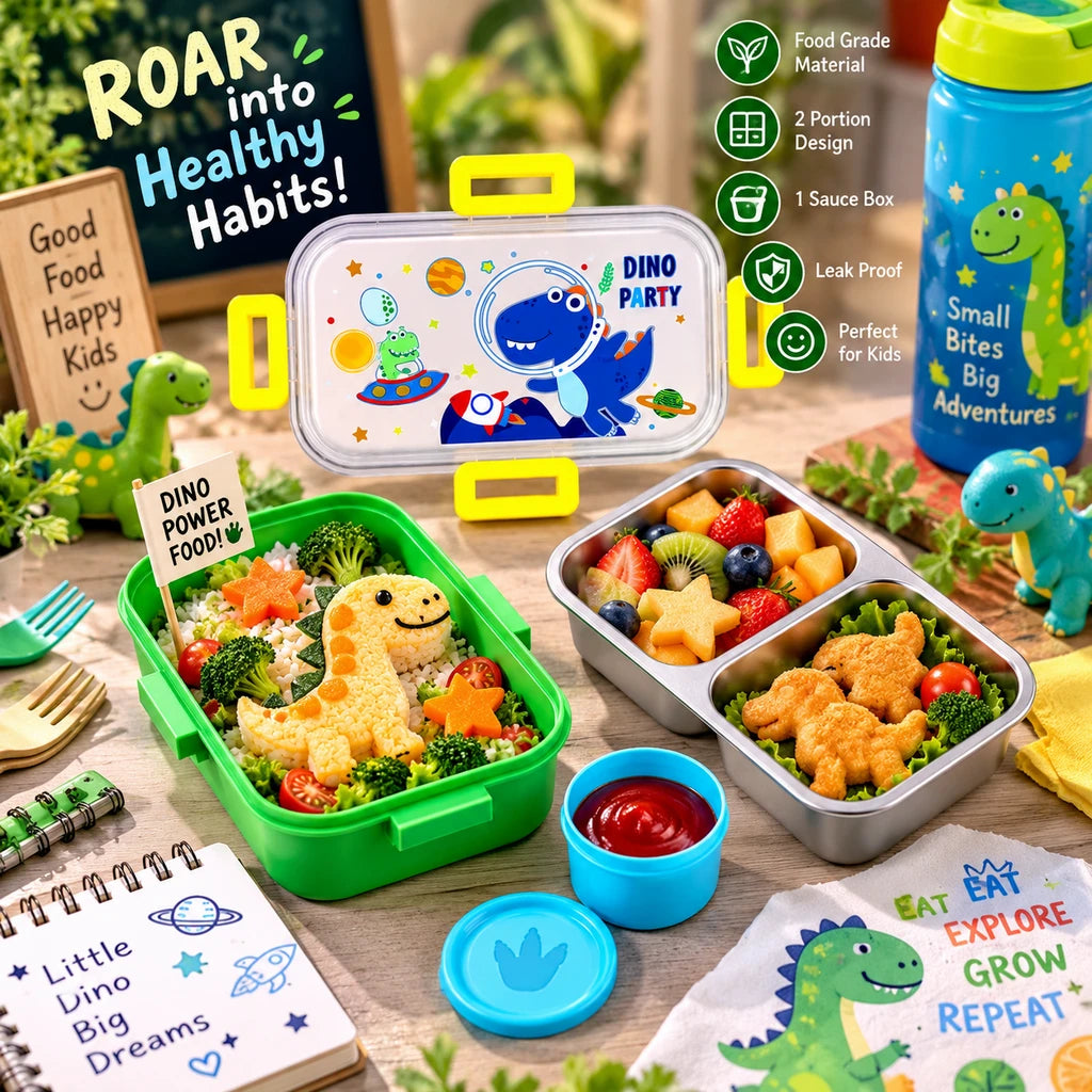 IQIX 700 ML 2-Compartment Stainless Steel Lunch Box with Sauce Pot | Dino Party Design