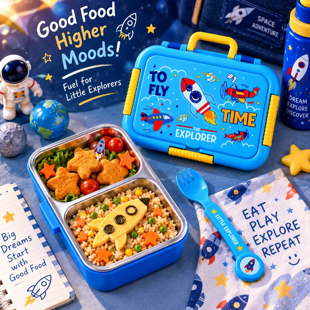 IQIX 800 ML 2-Compartment Stainless Steel Lunch Box | Time to Fly Explorer Design