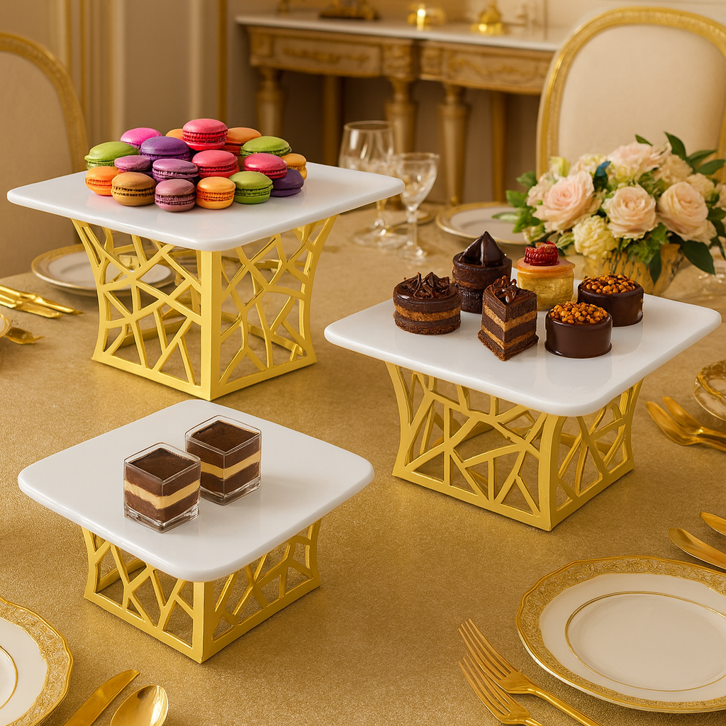 3-Piece Square Serving Platter Set With Golden Stand