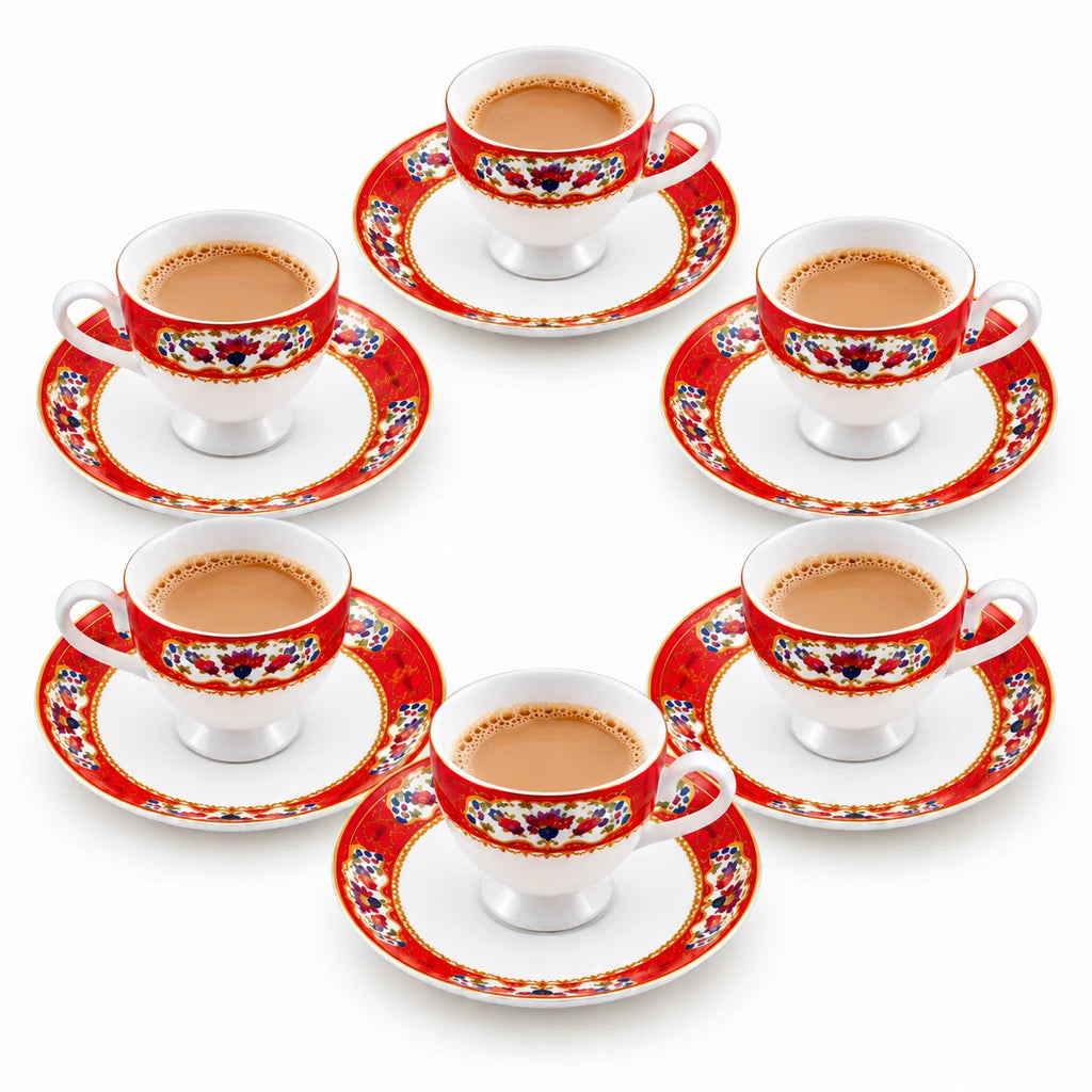 Royale 12-Piece Cup and Saucer Set | Red Floral Festive