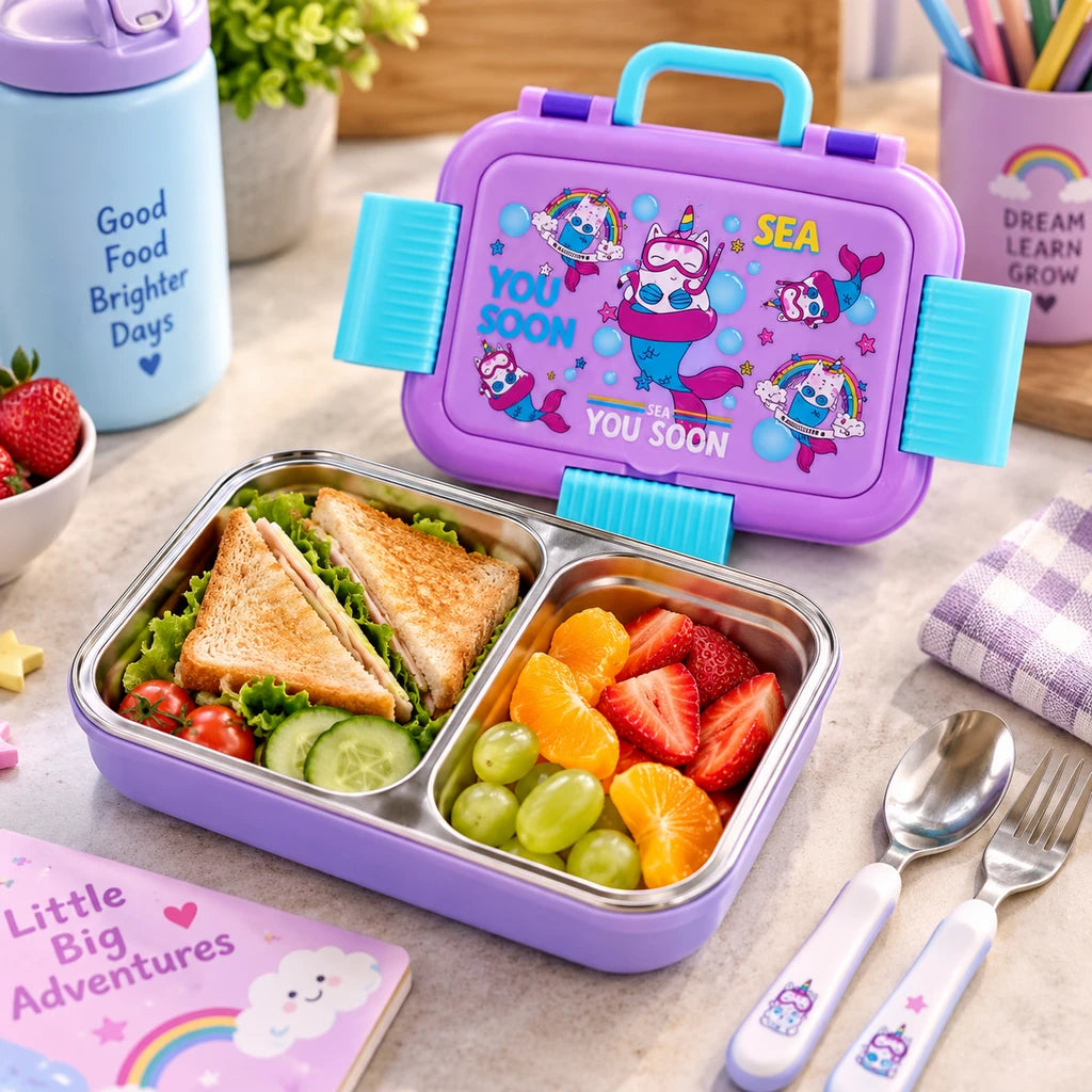 IQIX 800 ML Flip-Top 5-Section Stainless Steel Lunch Box | Purple Mermaid Design