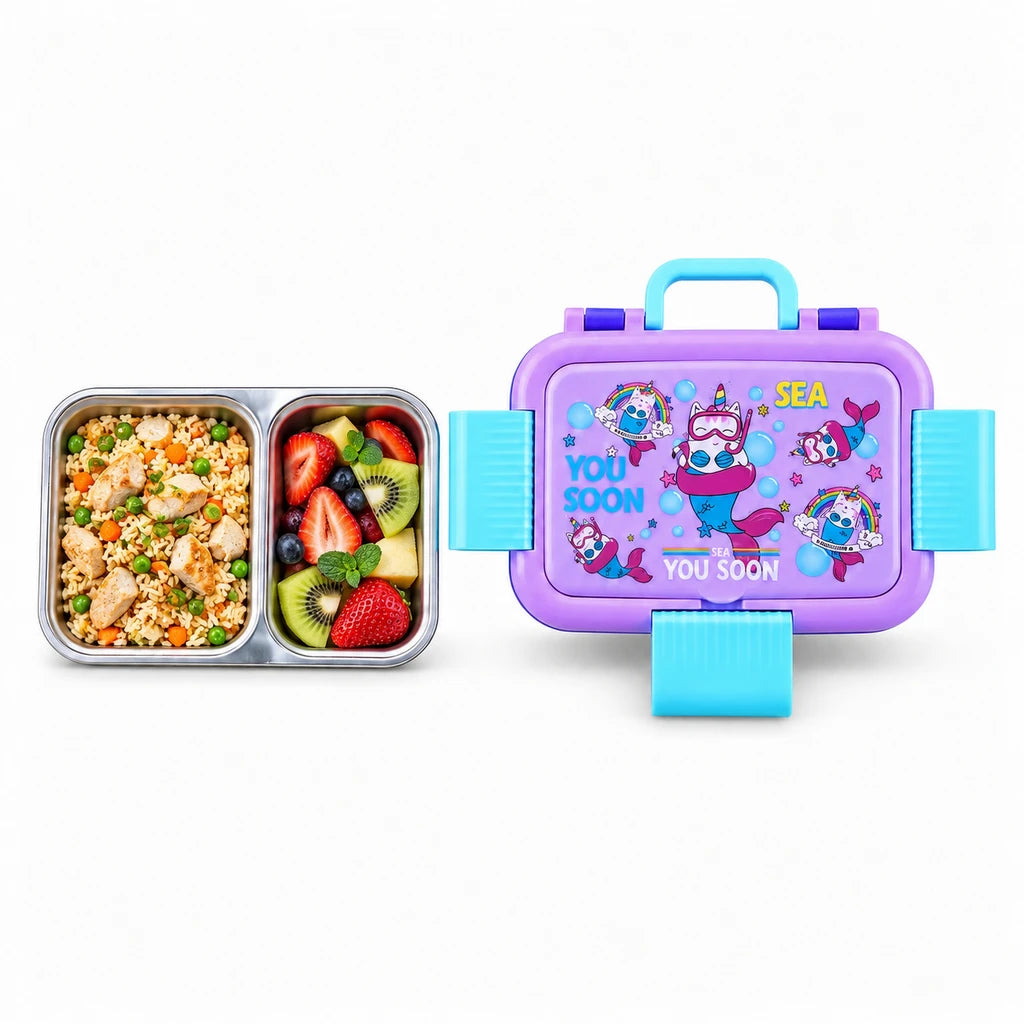 IQIX 800 ML Flip-Top 5-Section Stainless Steel Lunch Box | Purple Mermaid Design