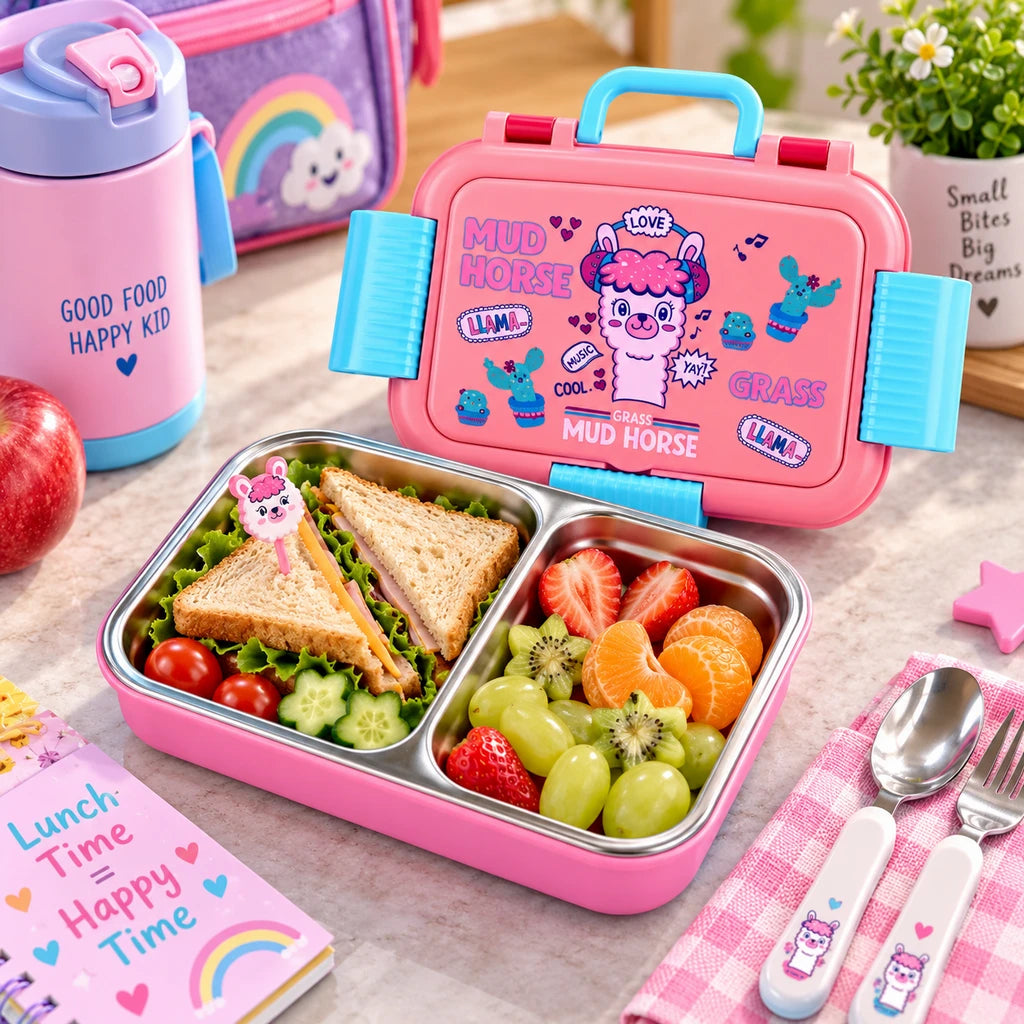 IQIX 800 ML Flip-Top 5-Section Stainless Steel Lunch Box | Pink Mud Horse Design