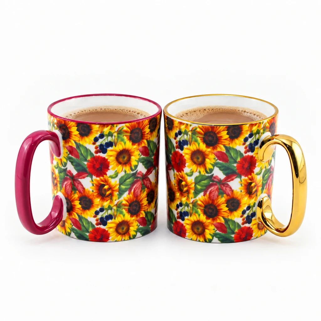 Danny Home 2-Piece Floral Porcelain Mugs - 450 mL | Sunflower Bloom