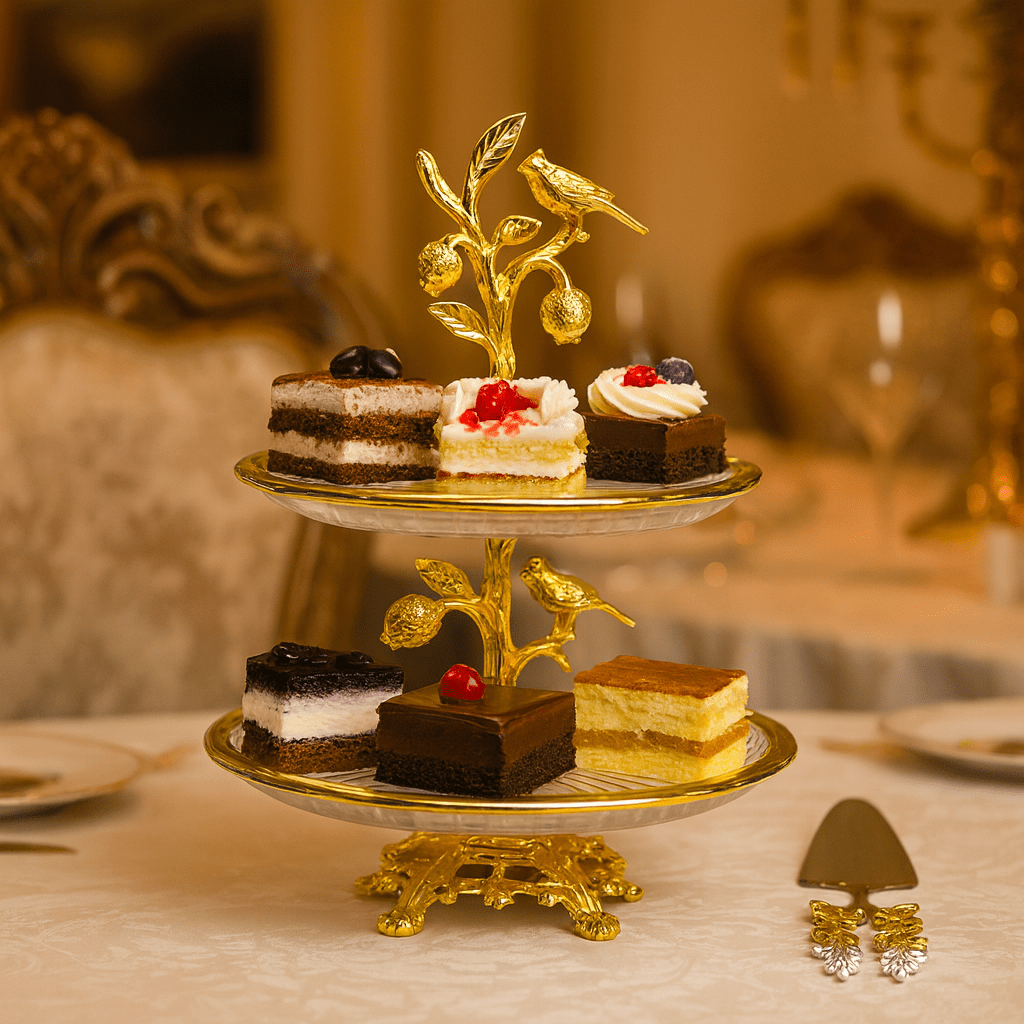 2-Tier Fancy Glass Round Platter Golden Kaka Bawa Sons