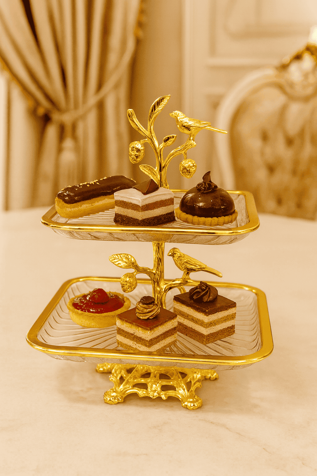 2-Tier Fancy Glass Square Platter Golden Kaka Bawa Sons