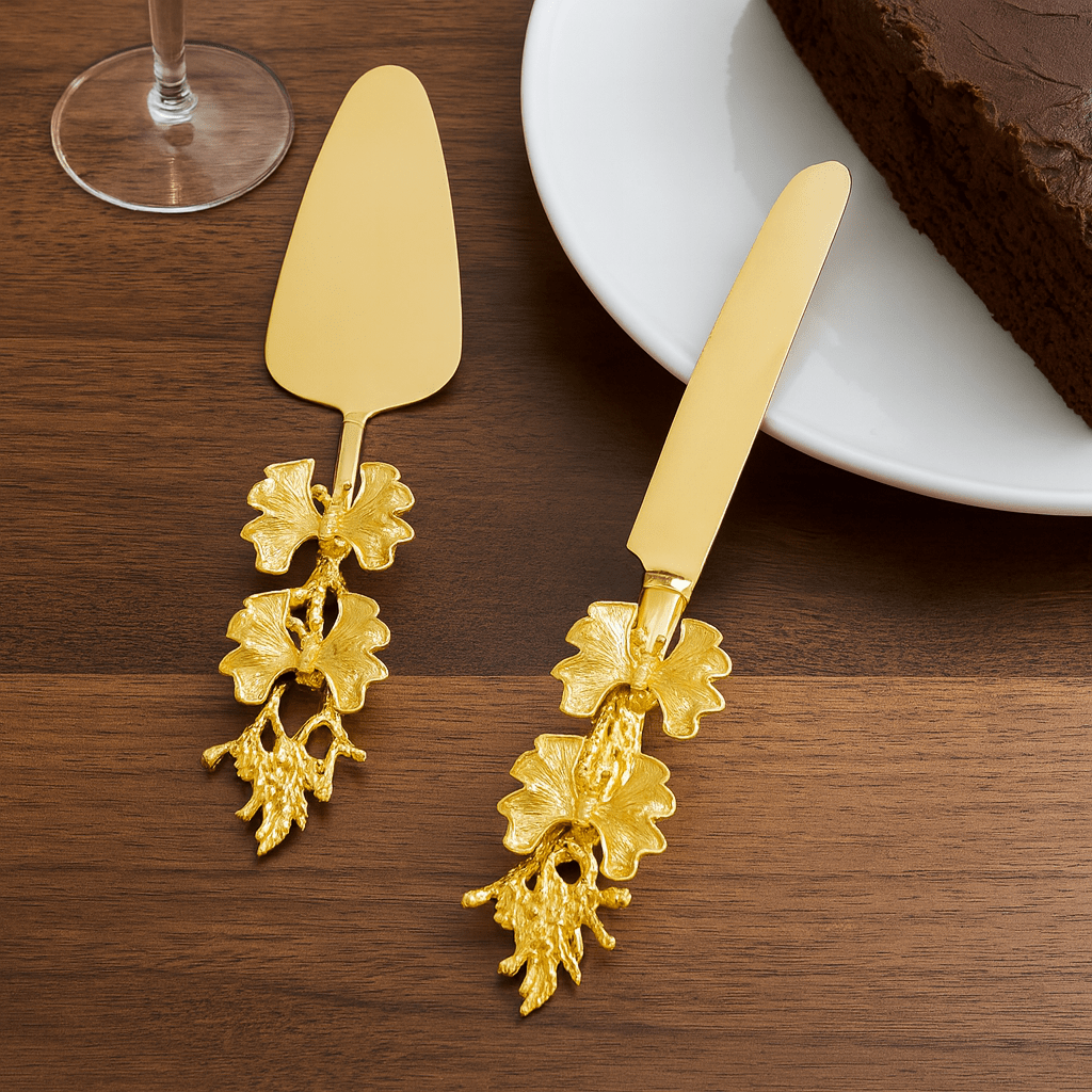 Fancy Cake Lifter & Knife Butterfly Design Golden