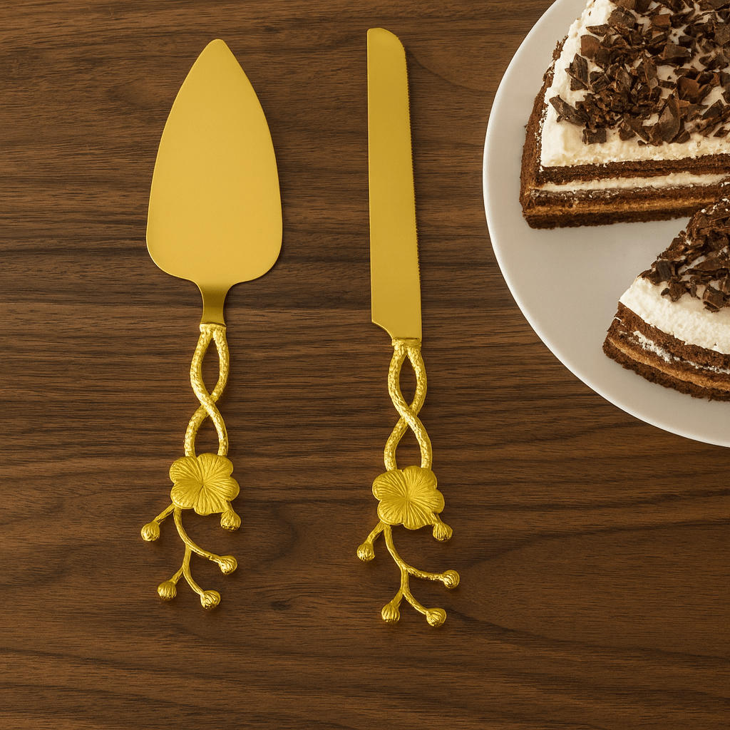 Fancy Cake Lifter & Knife Flower Design Golden