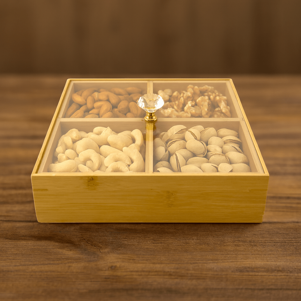 4-Portion Wooden Dry Fruit Dish With Acrylic Lid