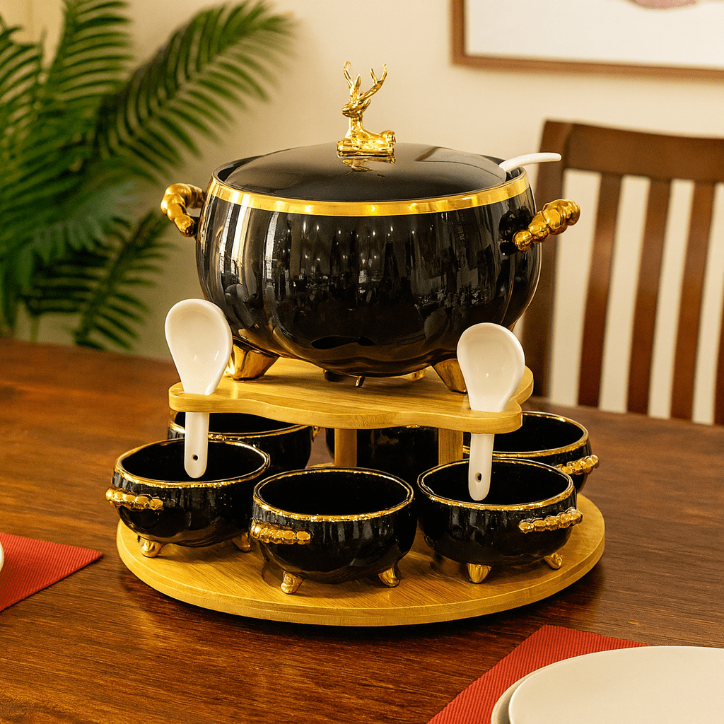 16-Piece Royale Soup Set With Wooden Stand Black and Golden Kaka Bawa Sons