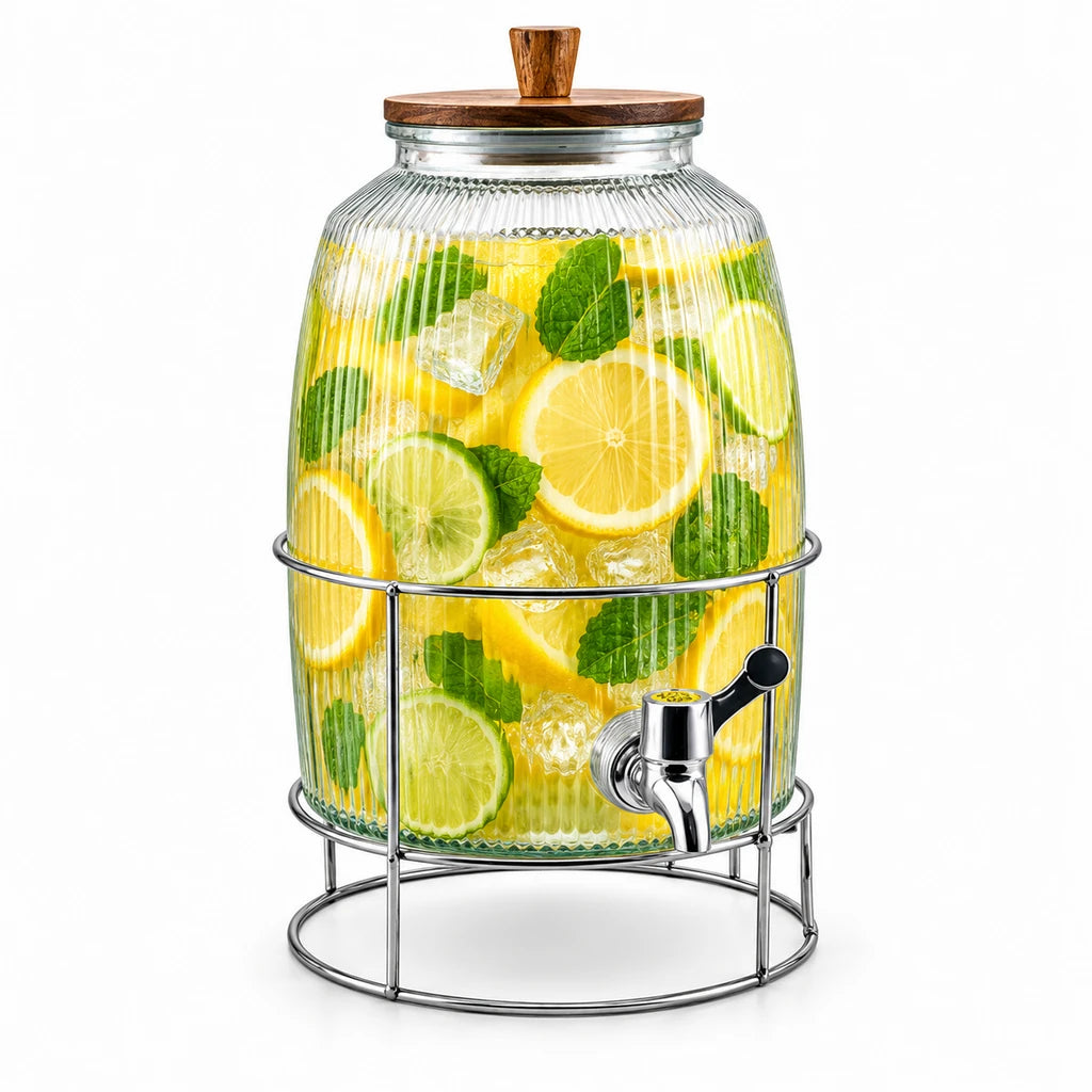 Danny Home 6-Litre Ribbed Glass Beverage Dispenser with Stand & Wooden Lid