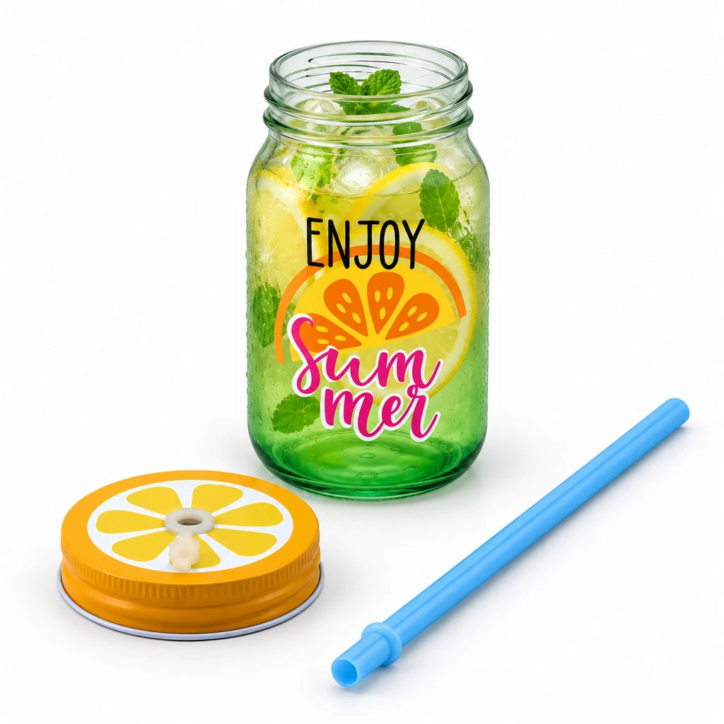 Kleeyo Green Enjoy Summer Glass Drinking Mason Jar, 450 ml