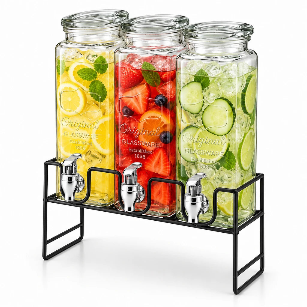 Danny Home Triple 2.3-Litre Glass Beverage Dispenser Set with Stand