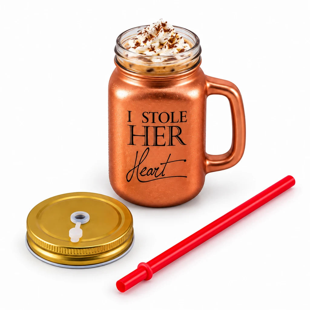 Kleeyo Copper Her Heart Glass Drinking Mason Jar, 450 ml