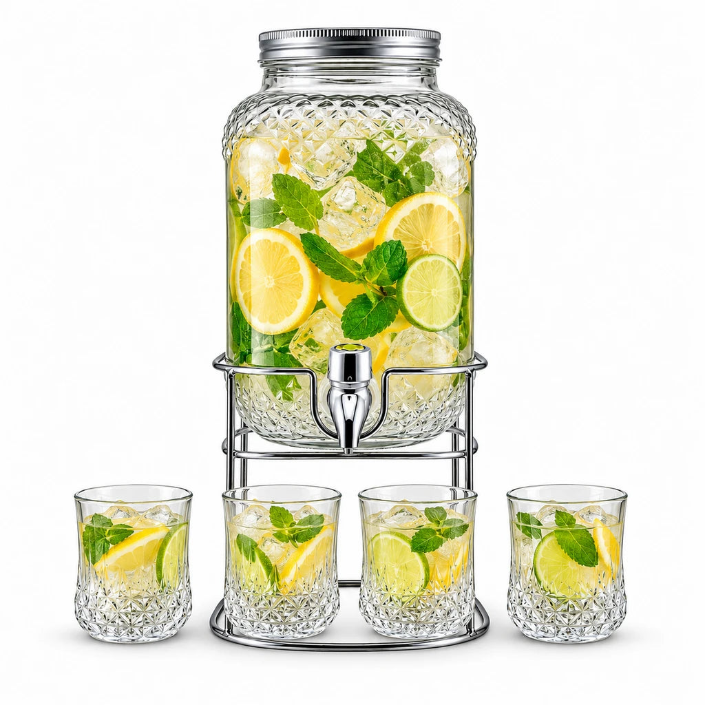 Danny Home 4-Litre Glass Beverage Dispenser with 4 Glasses & Stand