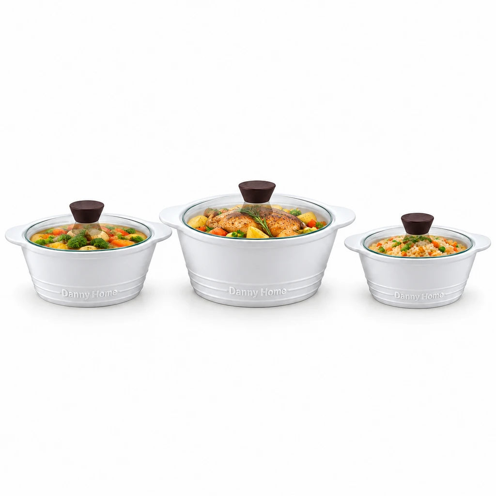 Danny Home 3-Piece White Ceramic Casserole Set With Glass Lids - 1, 1.5 & 2.5 L