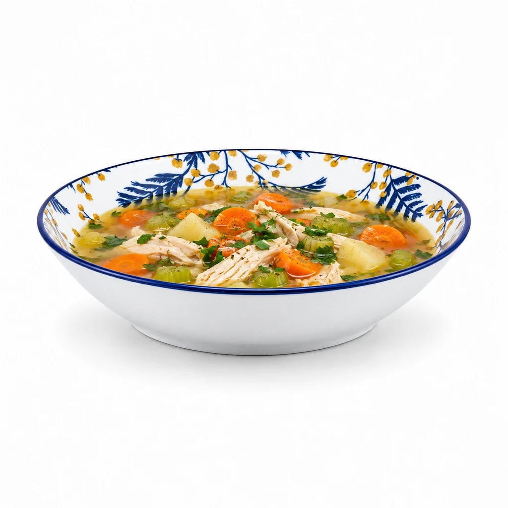 Gupan 8-Inch Navy Blue & Yellow Floral Ceramic Deep Soup Plate