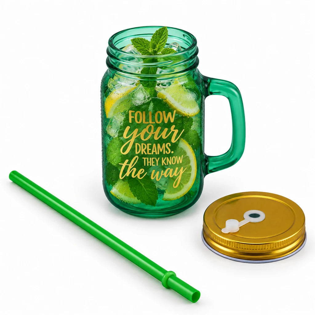 Kleeyo Green Follow Your Dreams Glass Mason Jar, 450 ml
