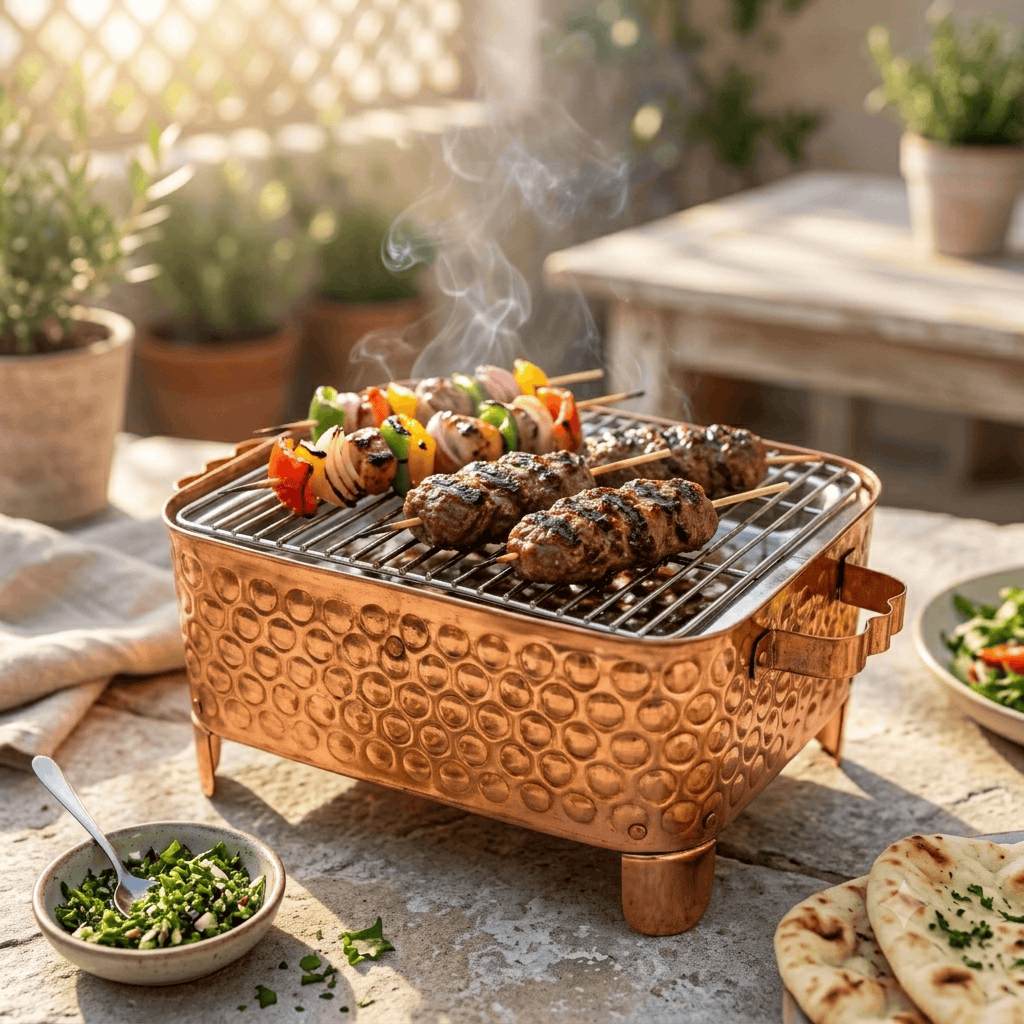 R.S Brass Copper Coating Rectangular Bubble Patterned Barbeque Pits With Grills Kaka Bawa Sons