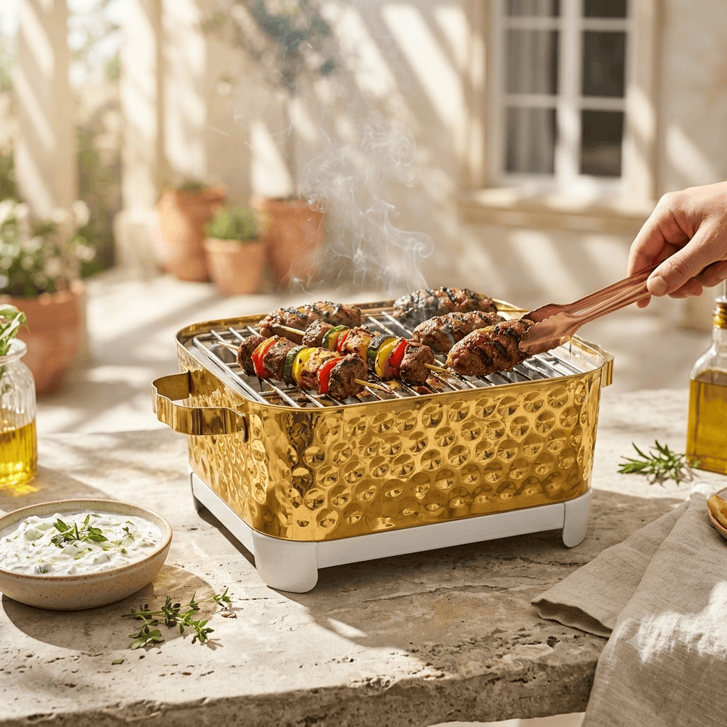 R.S Brass Golden Coating Rectangular Bubble Pattern Barbeque Pits With Grills Kaka Bawa Sons